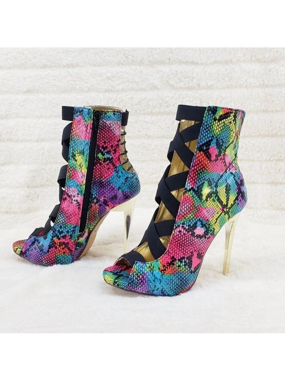 Bright Rainbow Snake Elastic Strap Gold Tone High Heel Stiletto Ankle Boots - Picture 6 of 10